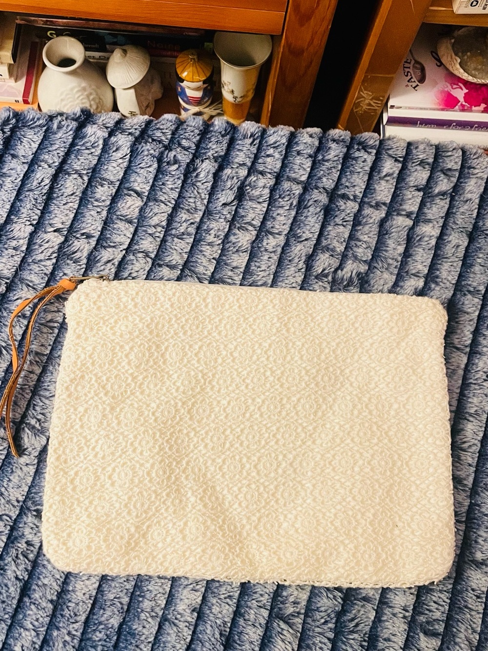 Textured Cream Wristlet Clutch with Leather Wrist Strap